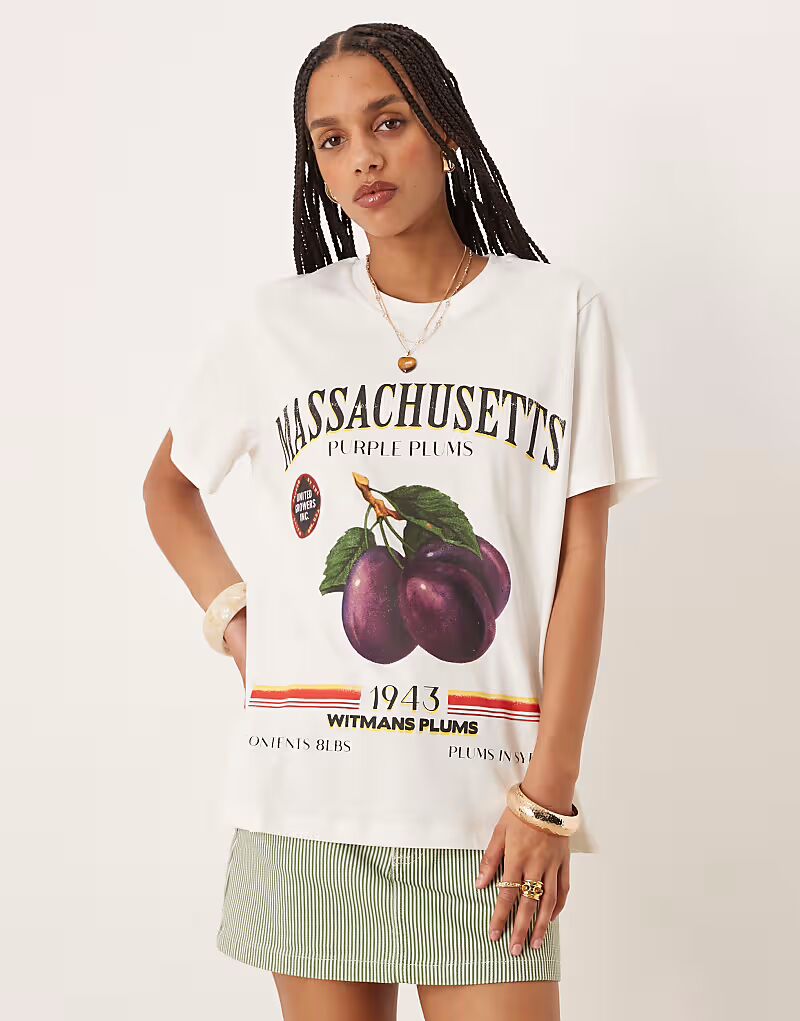 

Футболка ASOS DESIGN прямого кроя с изображением фруктов кремового цвета