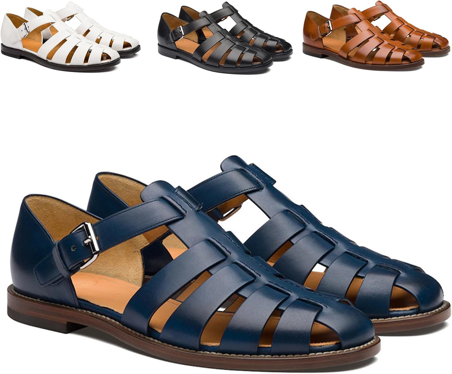 

Мужские кожаные римские сандалии-фишеры с застежкой-пряжкой, закрытый носок, летние пляжные, противоскользящие, удобные повседневные сандалии для ходьбы Crepuscute, синий