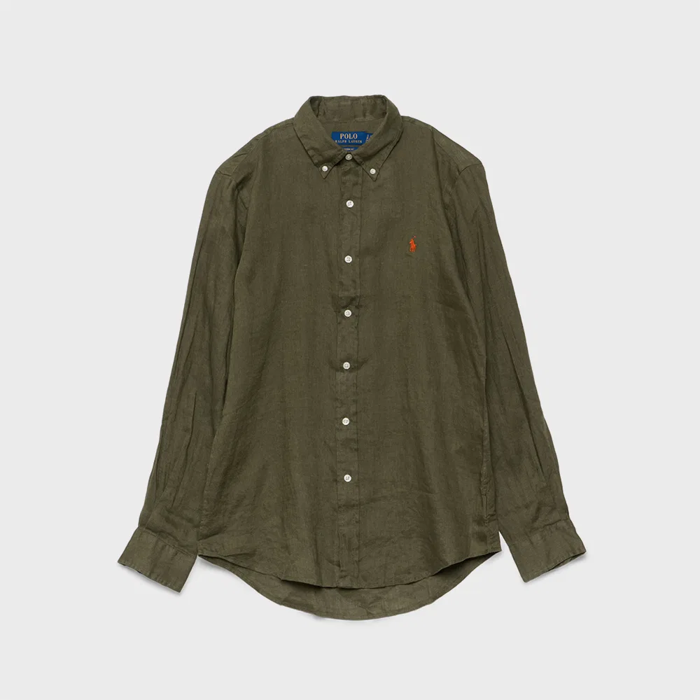 Мужская льняная рубашка Custom Fit тёмно-зелёного цвета от Polo Ralph Lauren