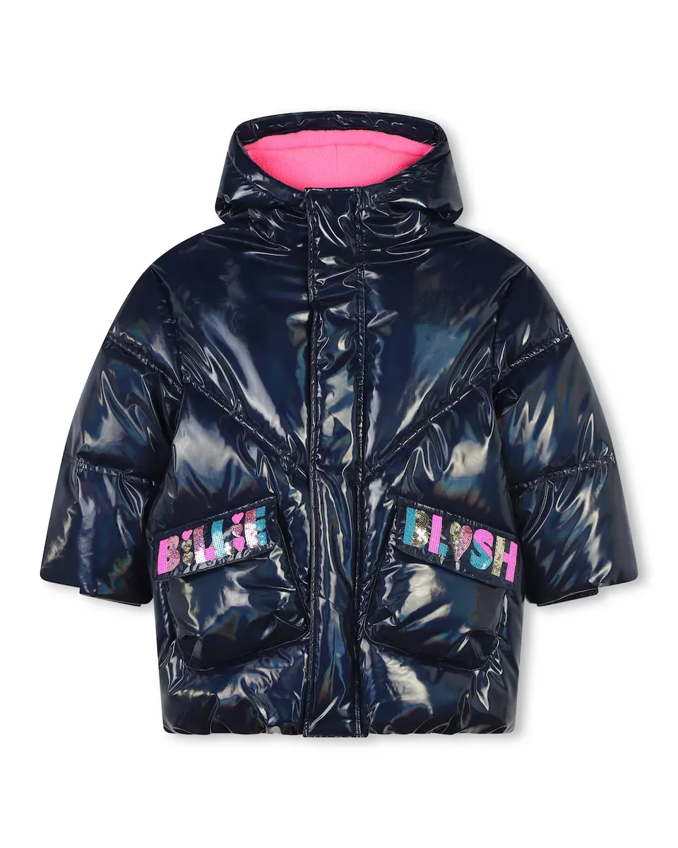 

Пуховик для девочки с капюшоном и накладными карманами Billieblush, темно-синий