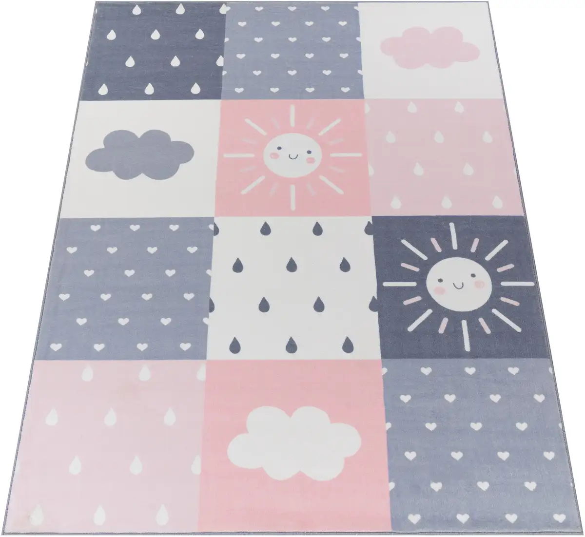 

Детский ковер Paco Home "Элиз 393", прямоугольный, короткий ворс, игровой коврик, лоскутный узор, солнце, облака, мотив сердца 200х280 см, розовый