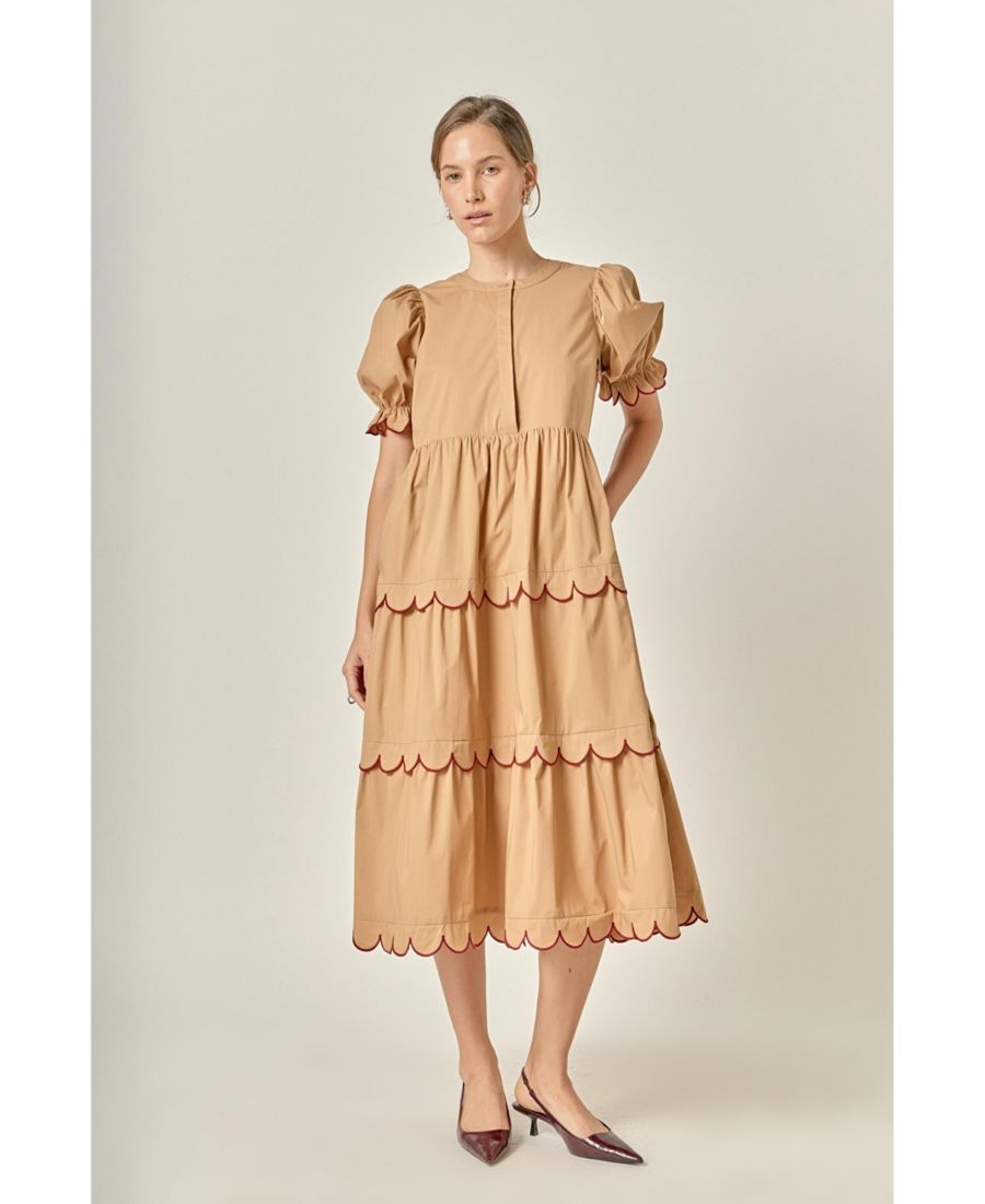 

Женское миди-платье с контрастной фестончатой каймой English Factory, Tan/burgundy