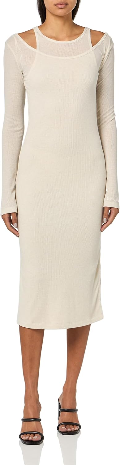 

Женское приталенное платье-миди Ecna из меланжевого рубчика от BOSS, White Bone