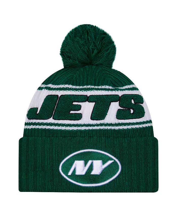 

Мужская зеленая вязаная шапка New York Jets 2024 Sideline с манжетами и помпоном New Era