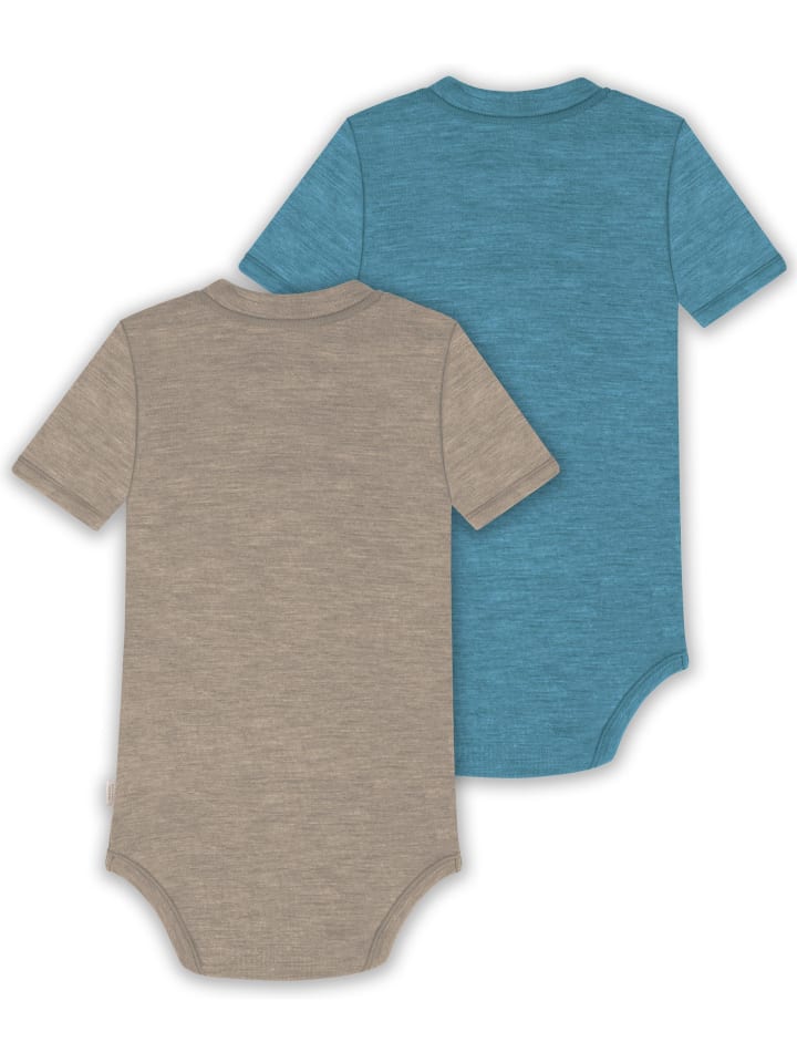Normani Outdoor Sports Комплект из 2 детских боди с короткими рукавами из мериносовой шерсти бежево-голубого цвета — фото 2