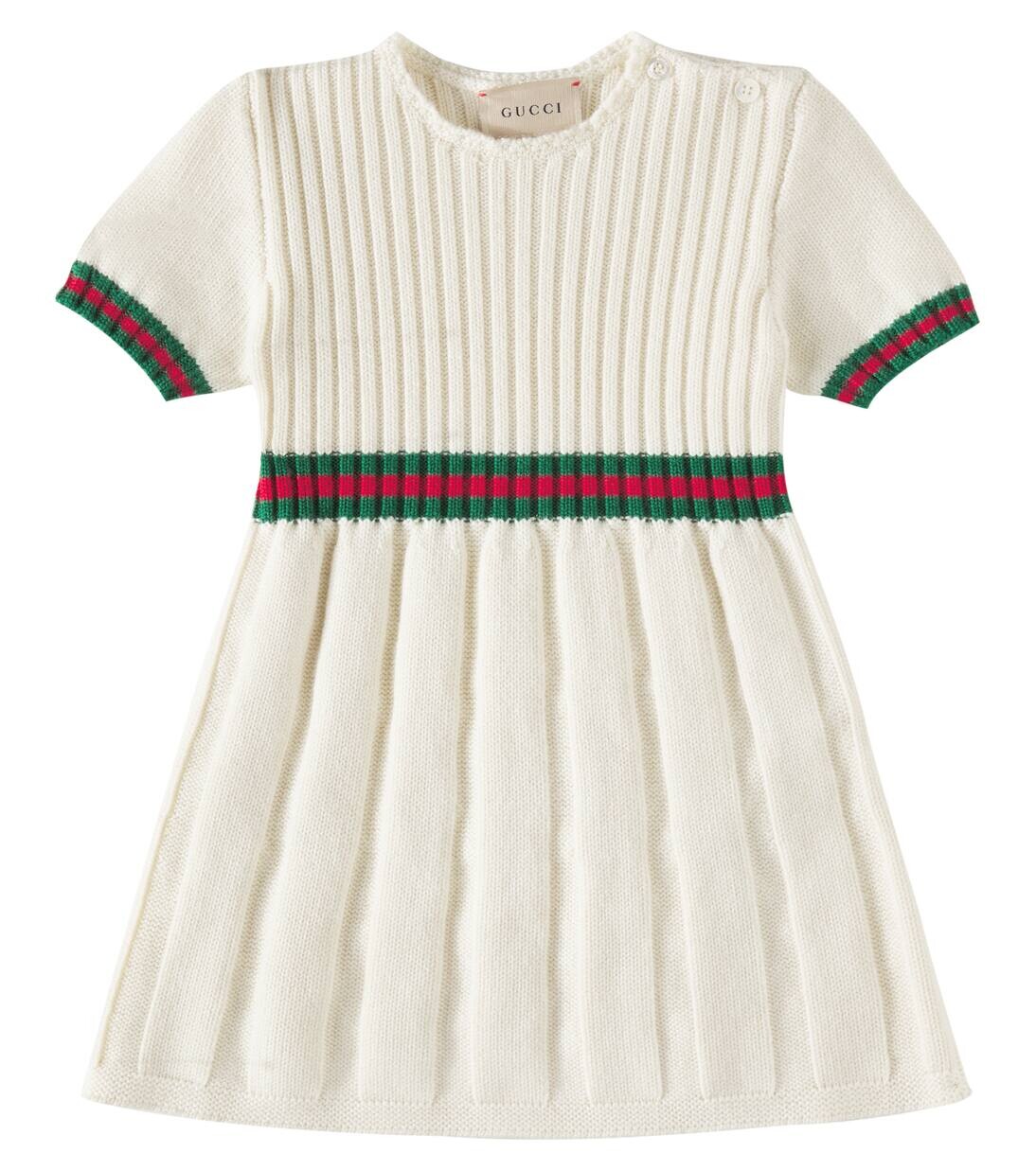 

Детское шерстяное платье в рубчик Gucci Kids, цвет white/green/red