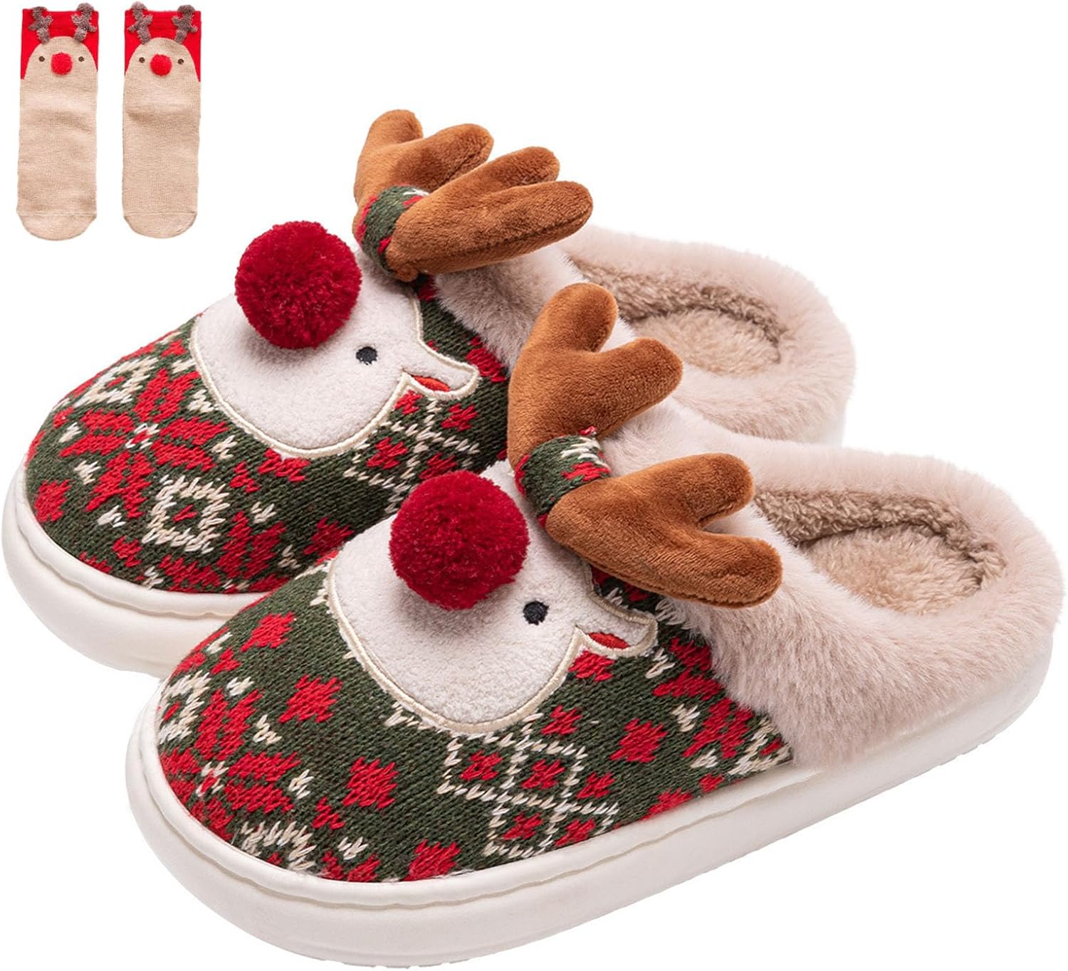 

Рождественские плюшевые тапочки с оленем для женщин и мужчин, 3D зимние домашние тапочки с оленями, уютные мягкие пушистые теплые тапочки с носками Generic, зеленый