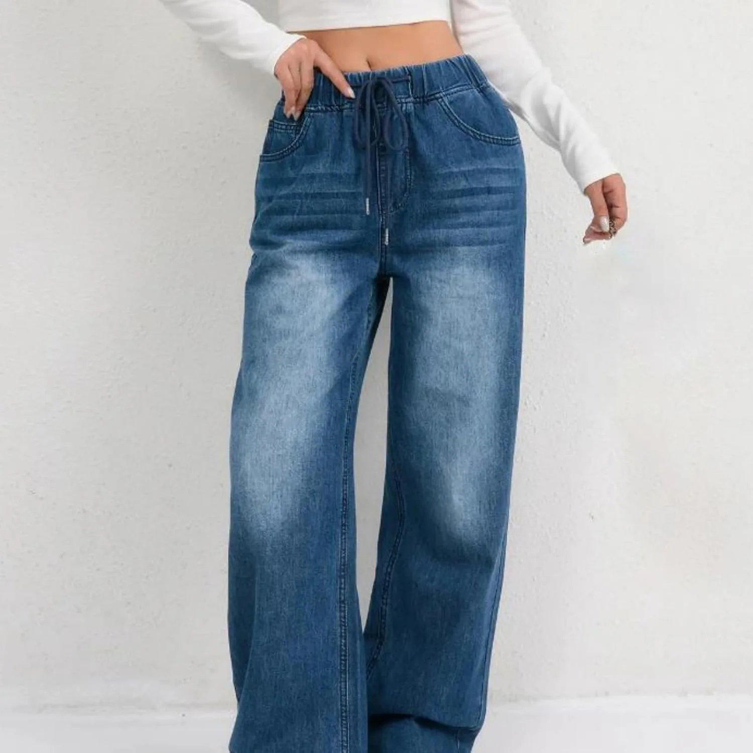 Женские джинсы Wide Leg с эластичным поясом и шнуровкой — фото 2