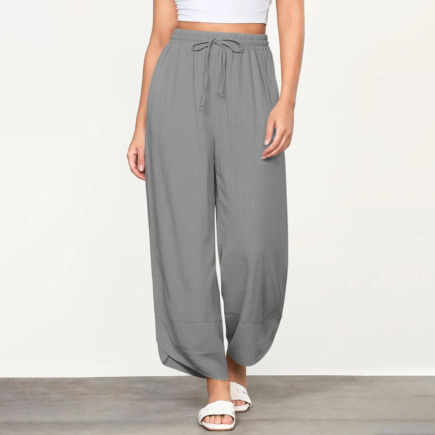 Женские льняные брюки Casual мешковатые широкие палаццо для пляжа и отпуска с эластичным поясом Generic, серый — фото 2