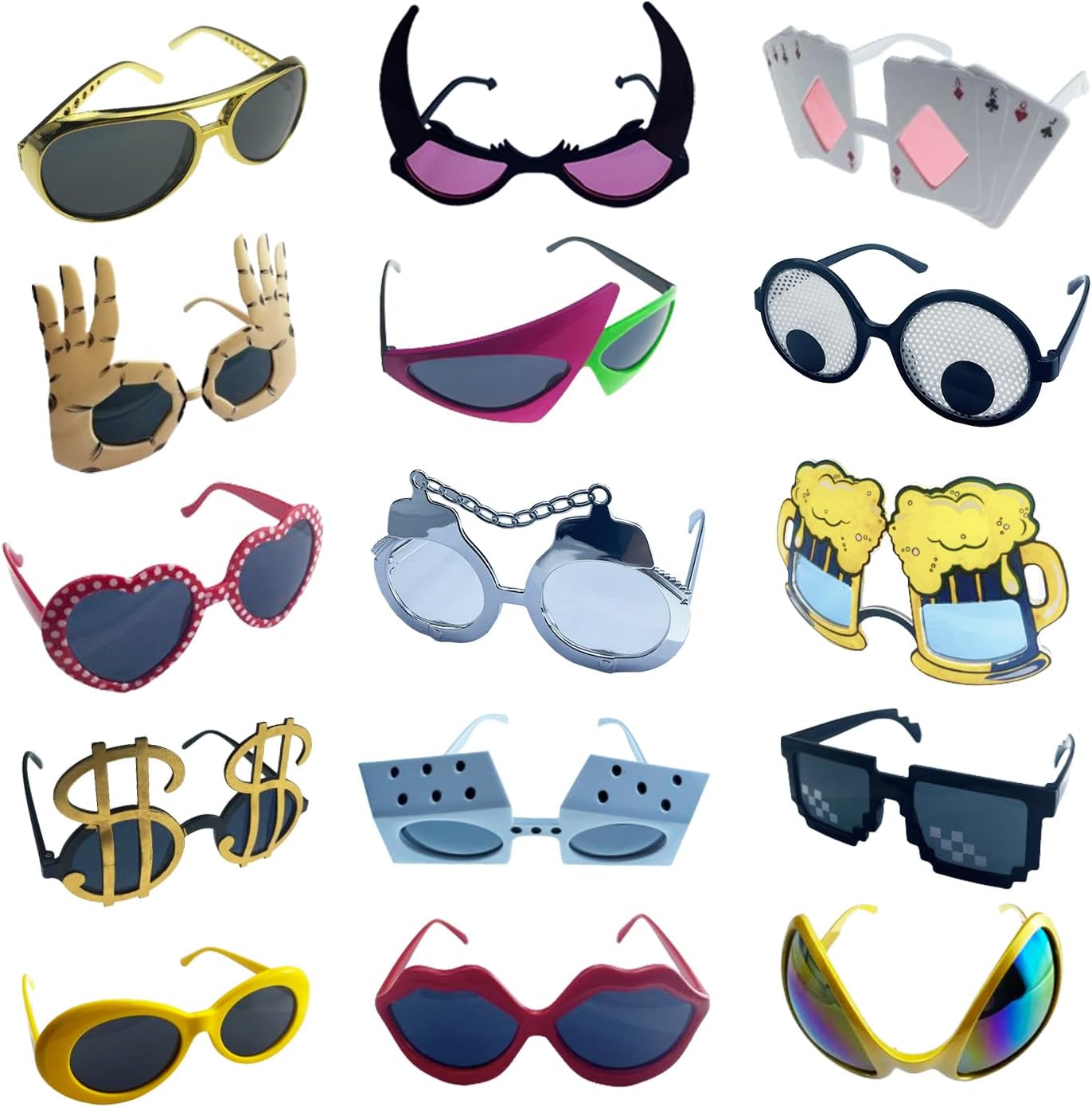 

Набор из 16 забавных солнцезащитных очков для вечеринок, маски для взрослых, стильные очки необычной формы, реквизит для фотобудки, костюмированные очки для переодевания HEYTOP, Black Red Whithe Yellow Gold