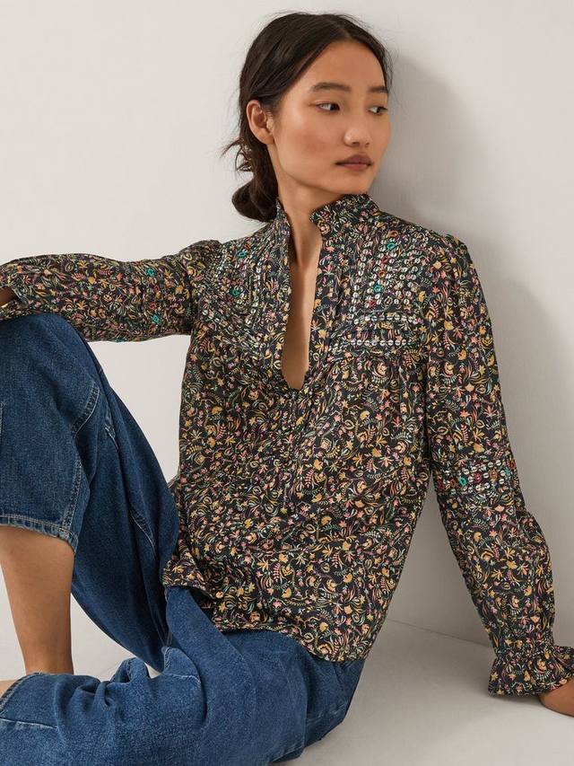 

Блузка Harriet с цветочным принтом и рюшами Monsoon, Black/Multi