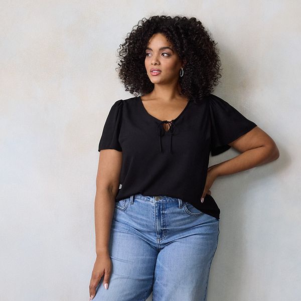 

Блузка Plus size с V-образным вырезом, короткими рукавами и завязками Lc Lauren Conrad, Black