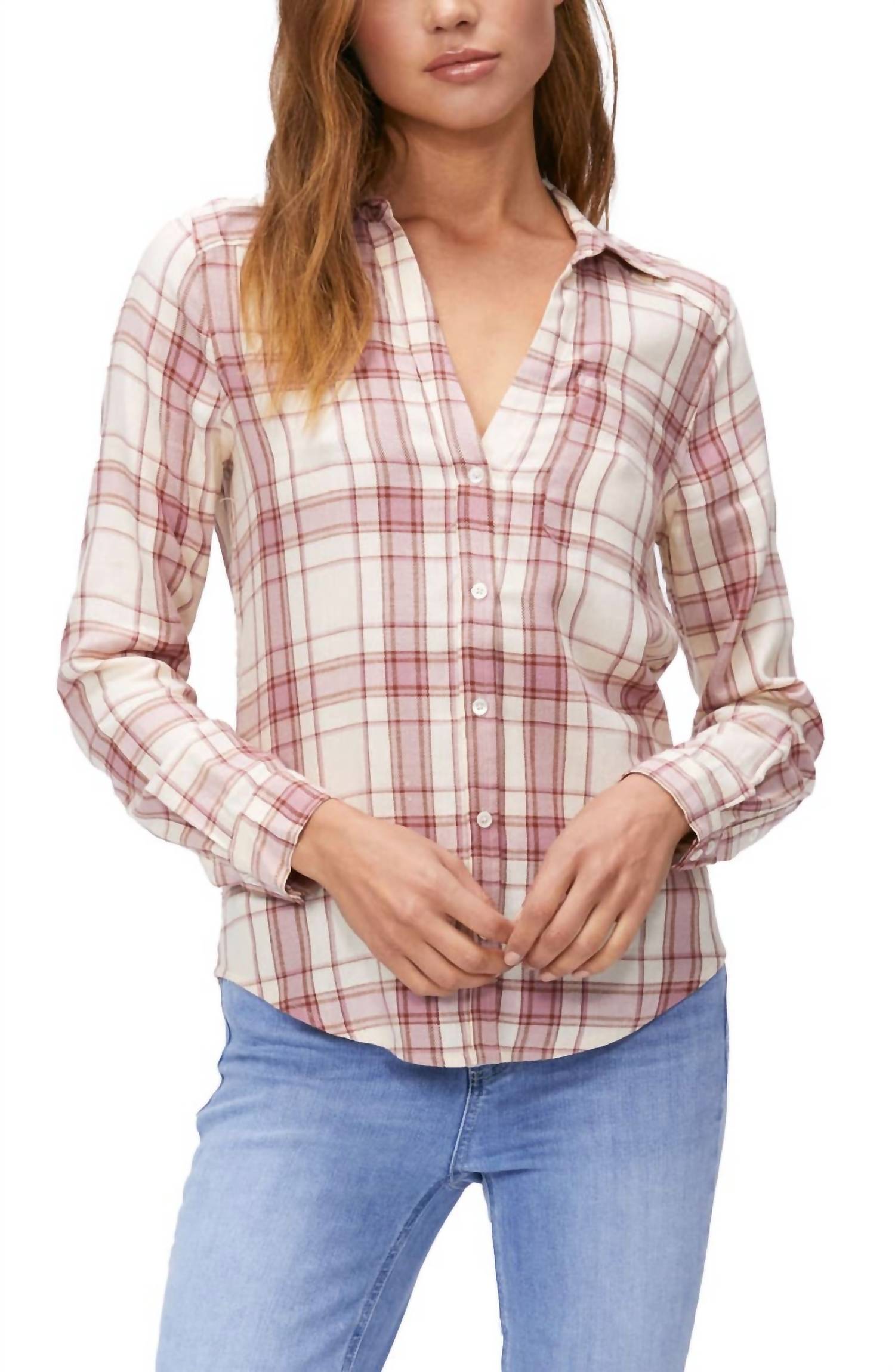 

Рубашка Neve Button Down Neutral Plaid Shirt цвета Cream Mauve Multi Paige