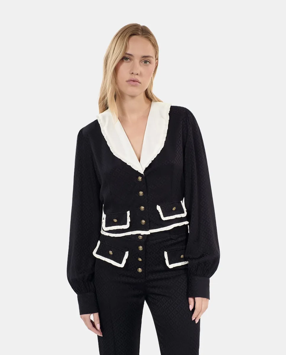 

Женский жаккардовый топ с контрастным шалевым воротником The Kooples, черный