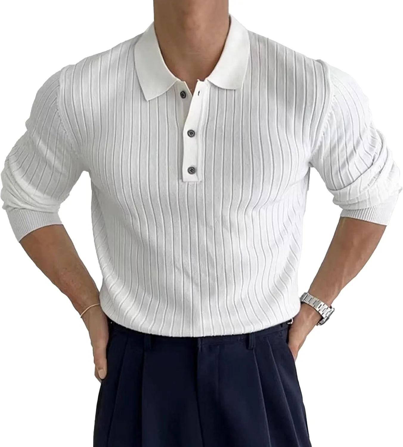 

Мужской вязаный поло с длинным рукавом и четвертной застежкой