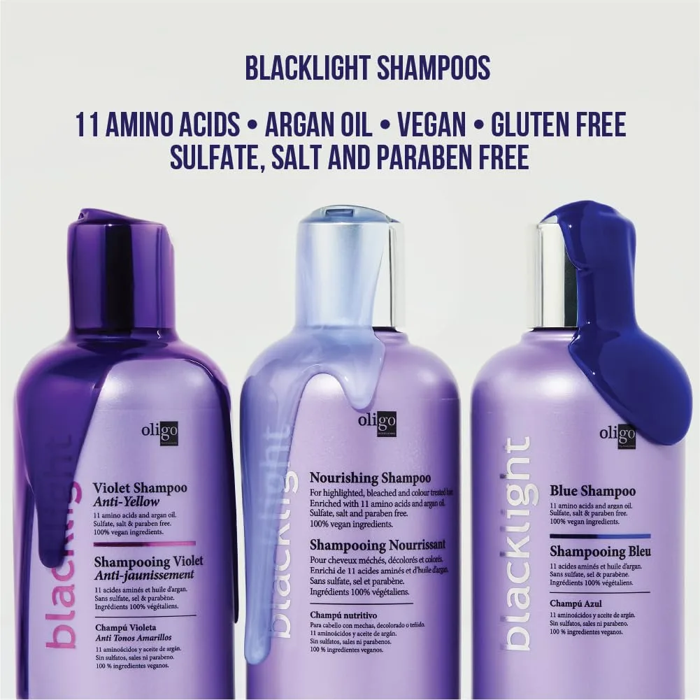 Oligo Professionnel - Blacklight Violet Shampoo - сульфат-фиолетовый шампунь для блонда - веганский - нейтрализует желтизну - освежает выгоревшие пряди - с аргановым маслом - увлажняющая формула - 250 мл, white — фото 4