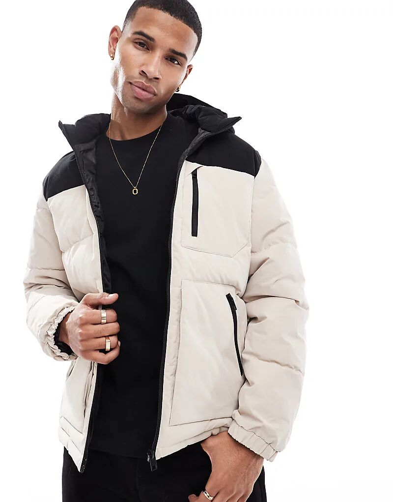 

Пуховик Jack & Jones в стиле колор-блок бежево-черного цвета