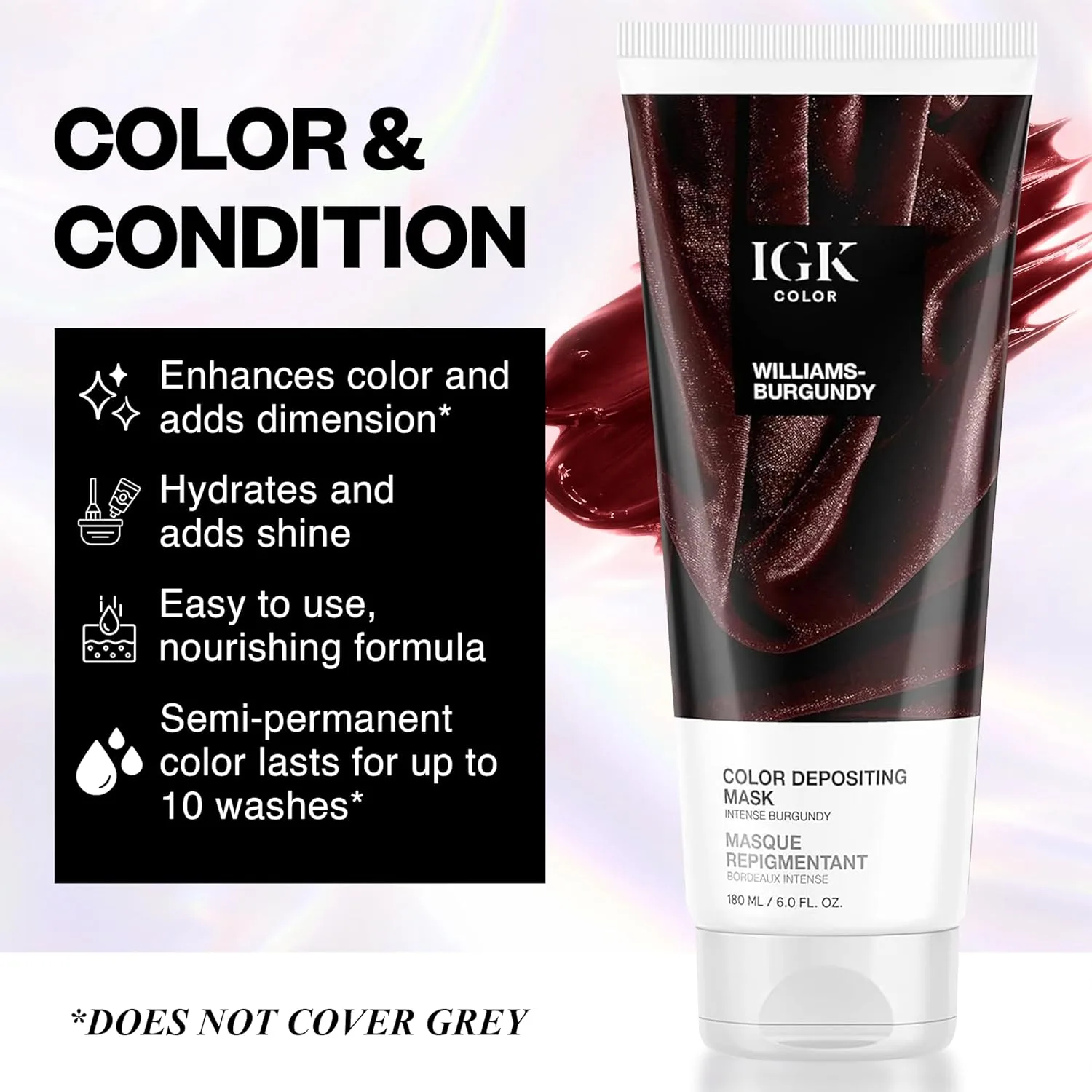 IGK Williams Burgundy Color Depositing Hair Mask, интенсивный бордовый полуперманентный окрашивающий кондиционер и тонирующий глянец, увлажняющая формула для блеска и обновления цвета, веганский, без жестокости, 170 г, Williams Burgundy (Intense... — фото 2