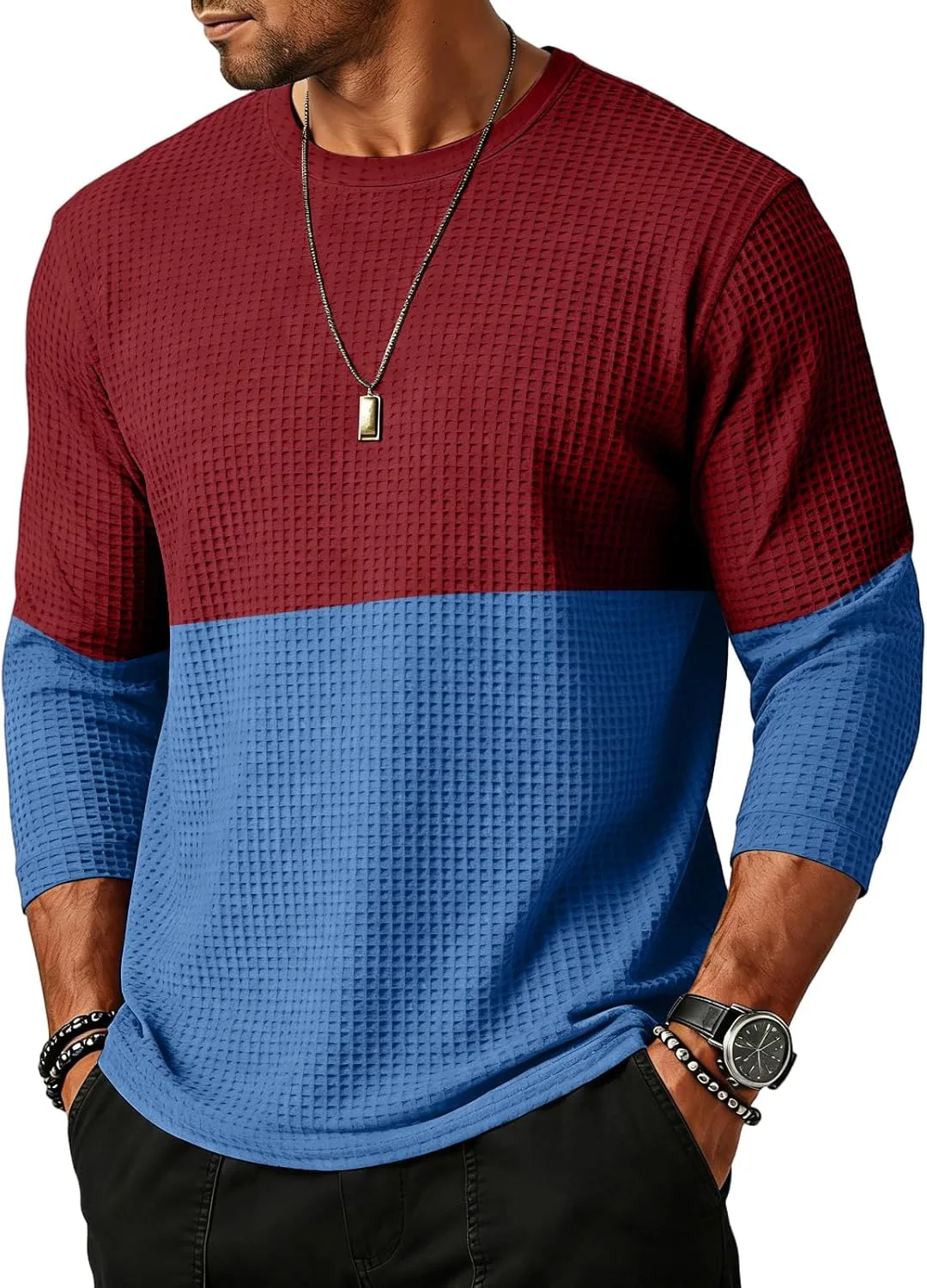 

WENKOMG1 мужская футболка 3/4 рукава waffle knit, crew neck, moisture wicking, размеры S-3XL