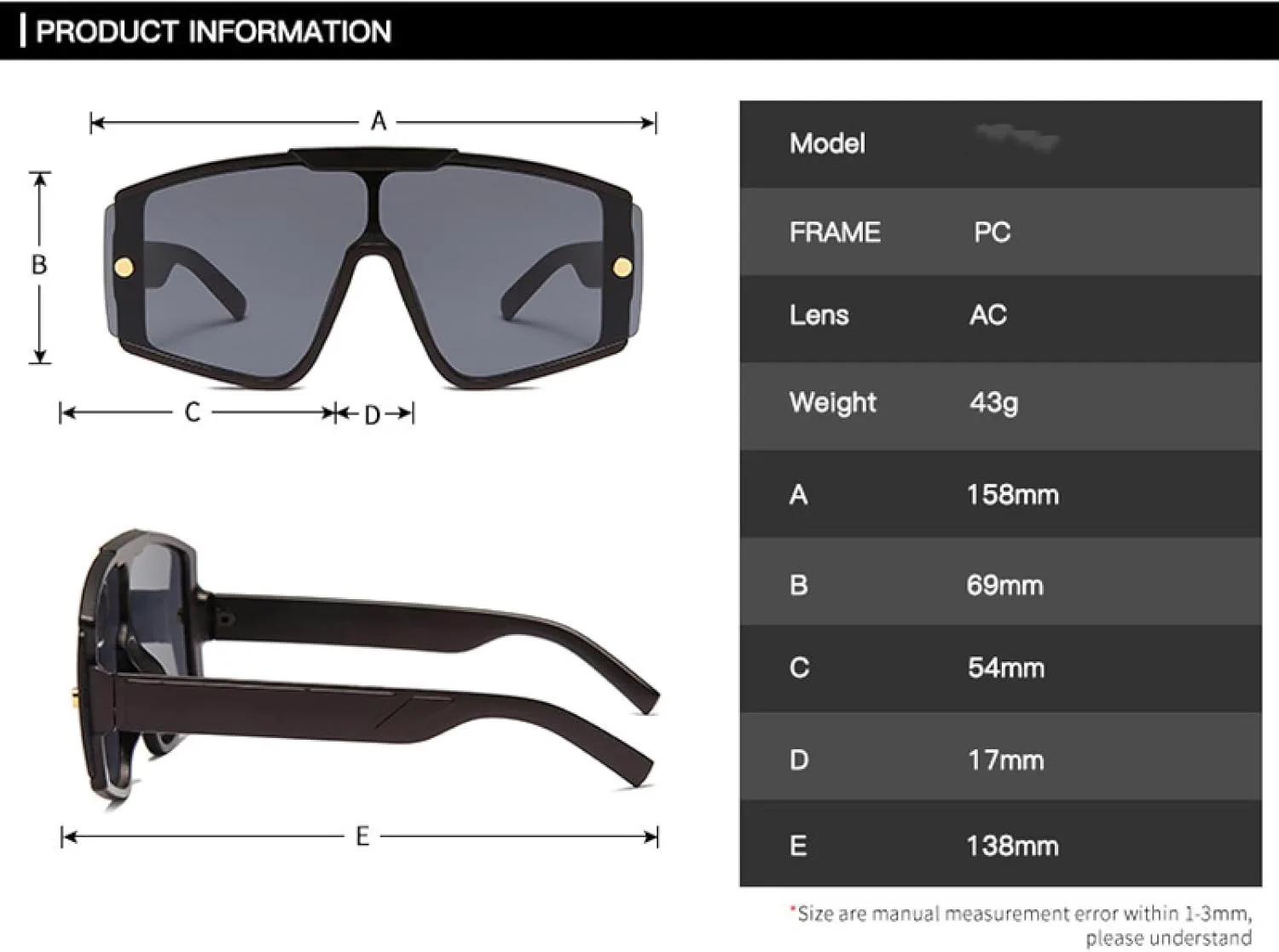 

Модные солнцезащитные очки большого размера с цельной линзой для мужчин и женщин, защищающие от УФ-излучения (UV400), в винтажном стиле, с крупной оправой TKKTLLT, C3