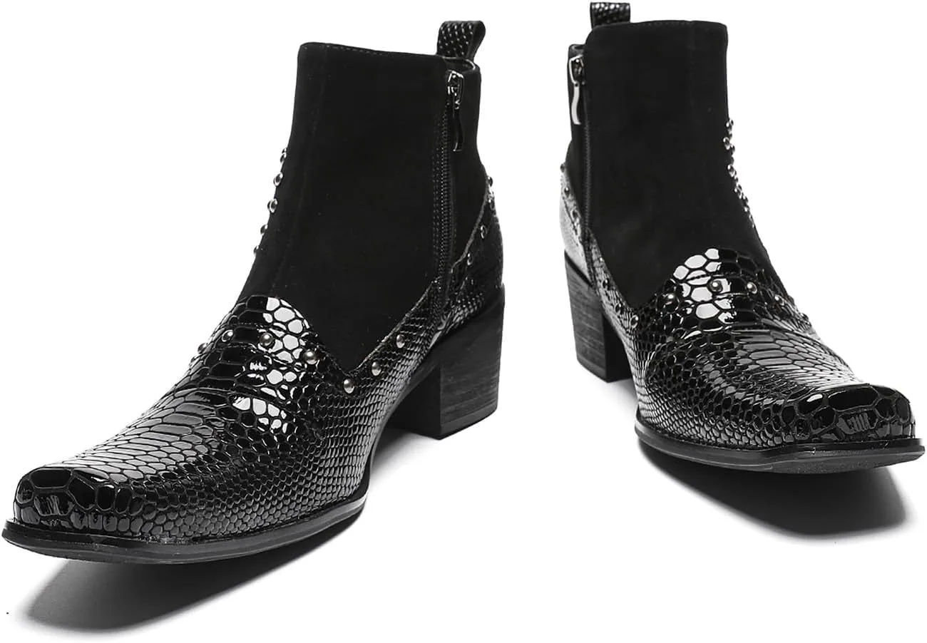 Santimon Mens Boots, платье для вечеринки, повседневные кожаные бусины, молния, ботинки Chelase, свадьба, выпускной, западная мода, ковбойские ботинки для мужчин и мальчиков, черный — фото 4