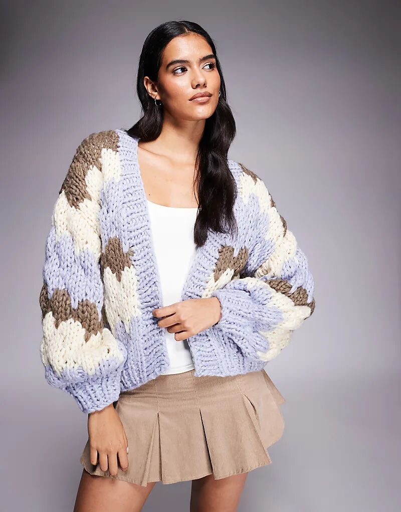 

Кардиган Kiwi & Co Hugs & Kisses ручной вязки с рукавами-фонариками в нежно-голубых и кофейно-коричневых полосках