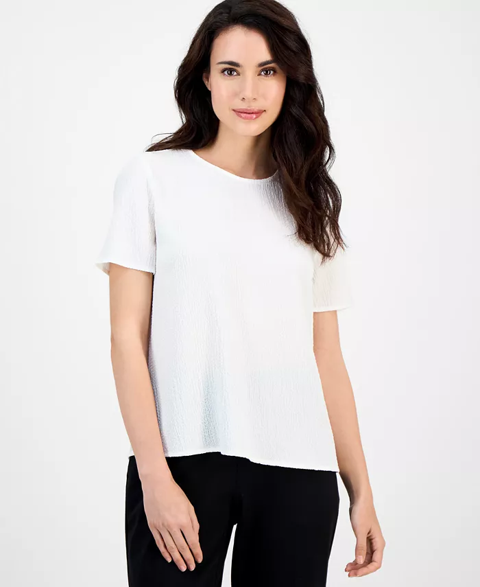 

Укороченный топ с коротким рукавом и фактурной вязкой Petite AK Anne Klein, белый