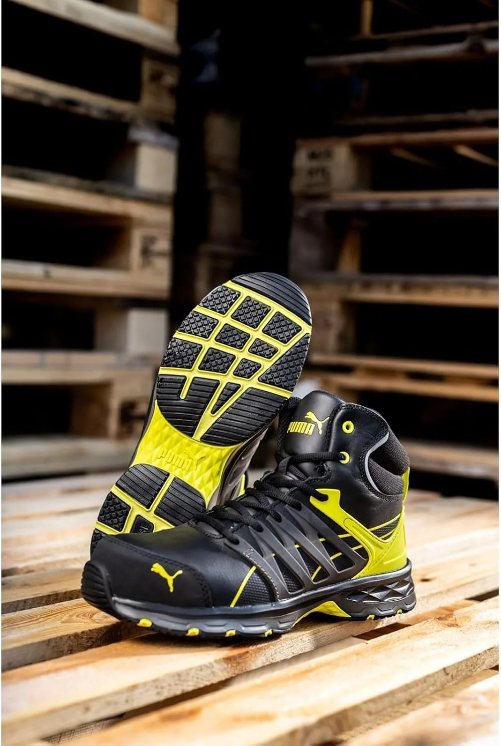 Рабочие кроссовки PUMA Safety Velocity 2.0 желтого цвета со средней высотой защиты, S3 ESD HRO SRC, защита по технологии стекловолокна, низкое энергопотребление, неметаллический корпус, мужские — фото 2