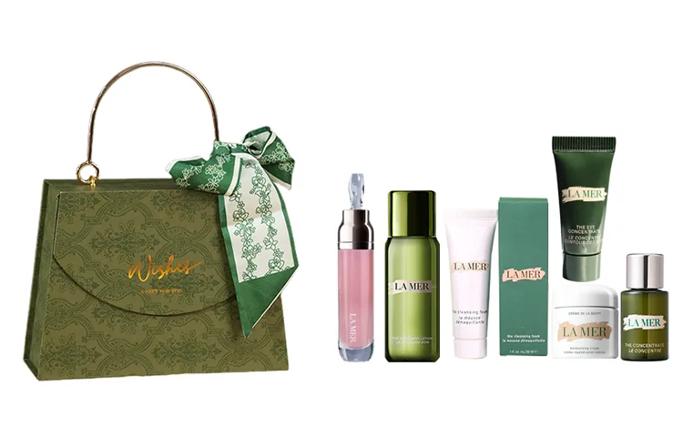 LA MER Набор образцов Mori Style Box из двух предметов для увлажнения и восстановления, La Mer Lip Gloss 7ml+Moisturizer 7ml+Cleanser 30ml+Serum 5ml+Essence 15ml+Green Eye Cream
