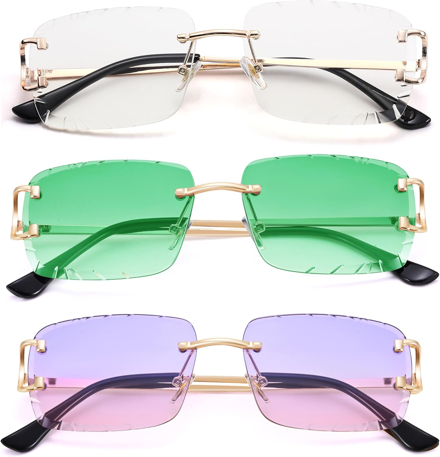 

Солнцезащитные очки Hycredi без оправы, прямоугольной формы, для мужчин и женщин - модные квадратные очки без оправы - очки с алмазной огранкой, 3 Pack - (Purple Pink + Green + Clear)