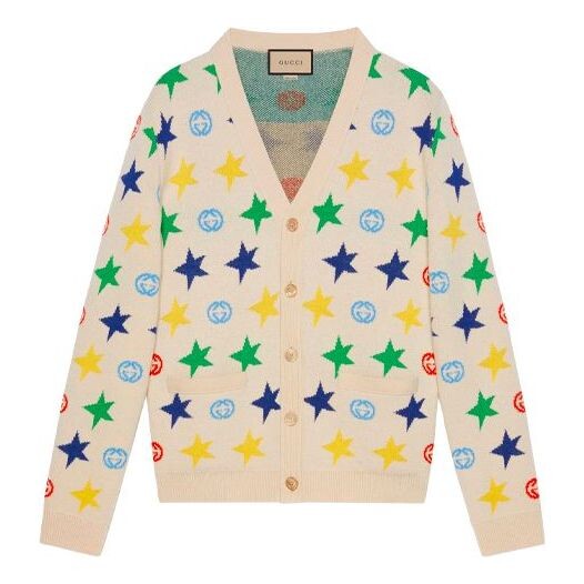 

Свитер men's fw21 double g star full print jacquard v neck wool cardigan white Gucci, белый