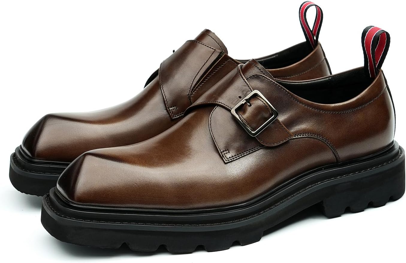 

Мужские лоферы Santimon с монковой пряжкой из натуральной кожи - обувь без шнурков с одной пряжкой, квадратным носком и массивной резиновой подошвой для официального делового, вечернего или свадебного наряда, коричневый