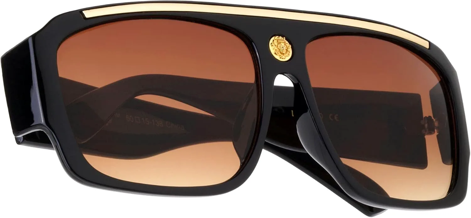 

Kleo Empire - Квадратные солнцезащитные очки в стиле хип-хоп с плоской верхней частью, заушниками и боковыми линзами, украшенными медальоном в виде головы льва, Brown