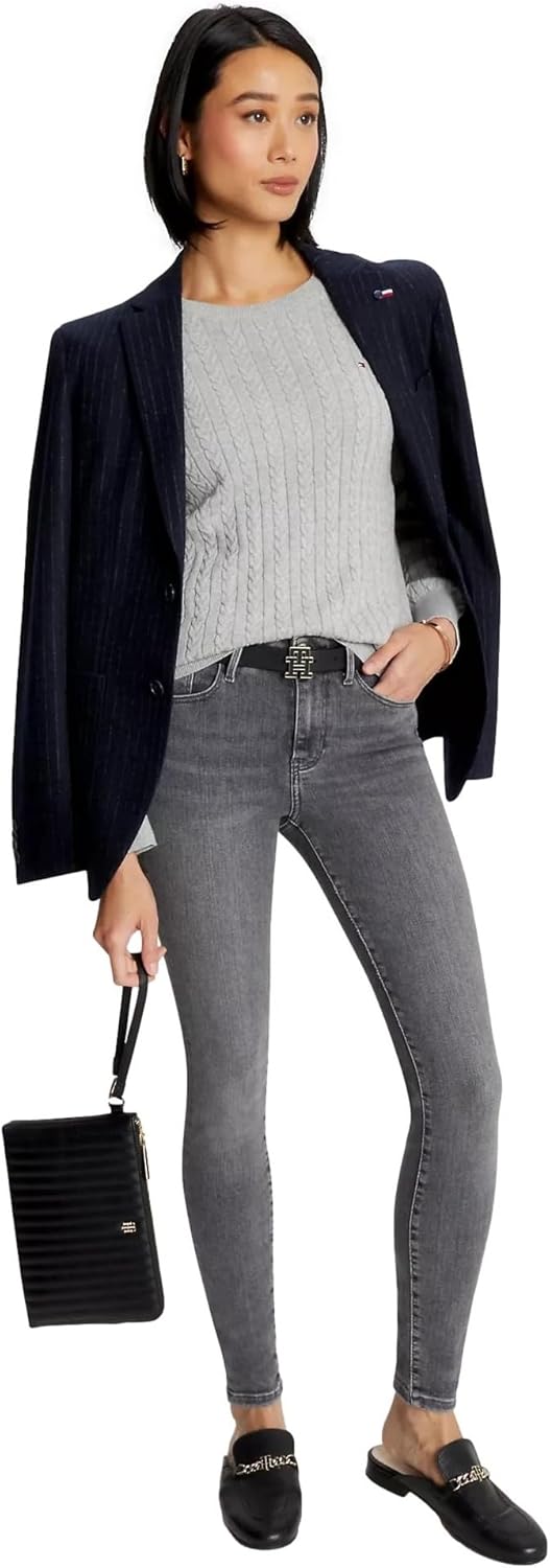 Коллекция женских свитеров Tommy Hilfiger Cable Kint с круглым вырезом и логотипом-флагом 2025 года, Smoke Grey Heather — фото 2