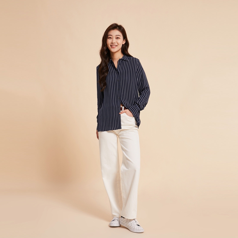 Tommy Hilfiger Рубашка Women's Dark Blue Stripes 0YE Lapel Moderate — фото 4