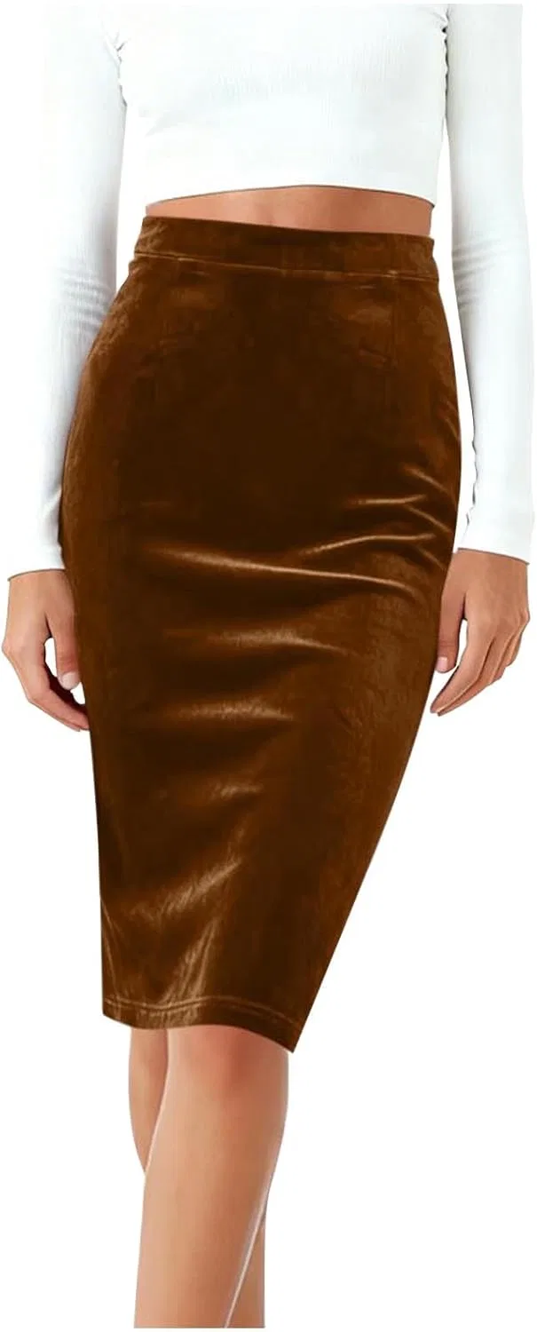 Юбка-карандаш для женщин Stretch High Waist Velvet с разрезом сзади, миди, приталенная, для работы и вечеринки Generic, коричневый