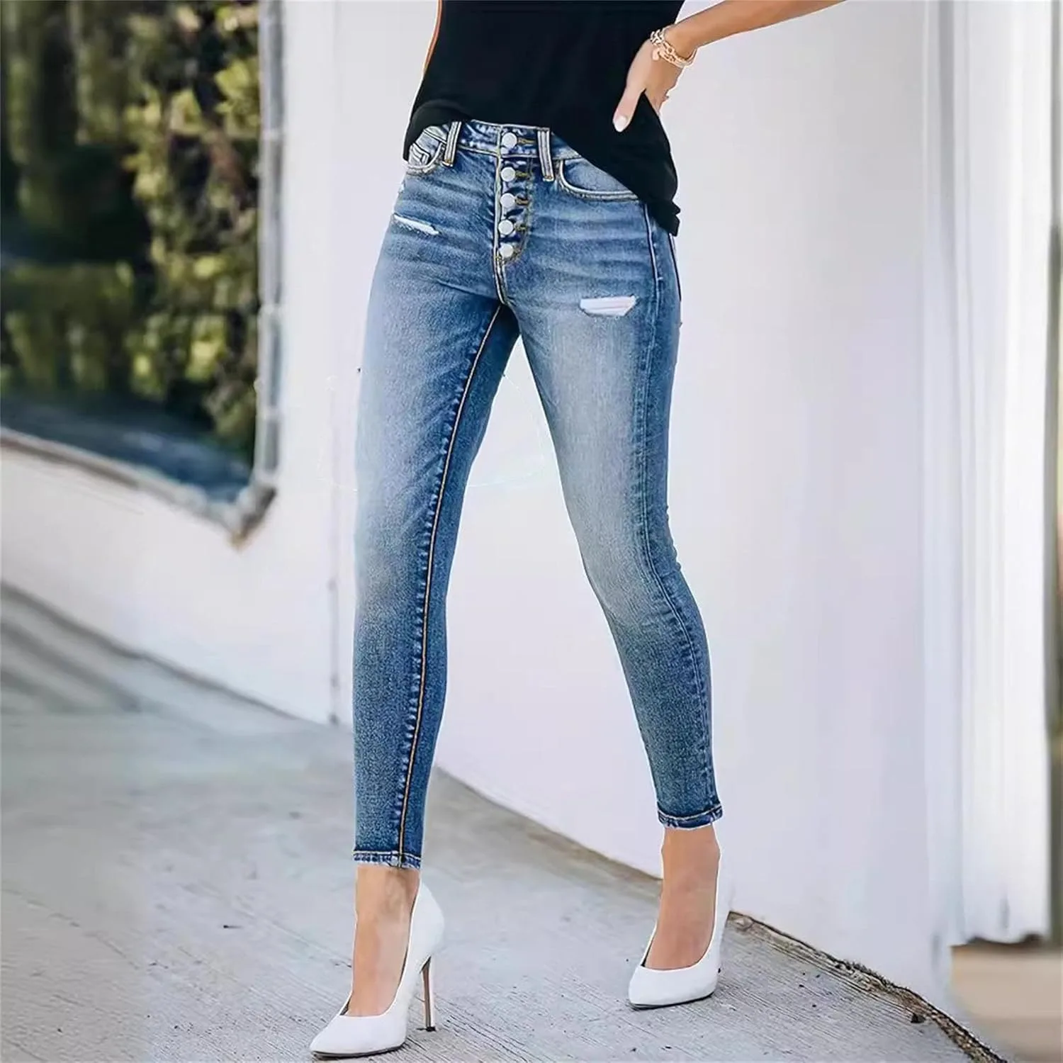 Женские скинни джинсы Ripped Distressed Stretchy Denim Mid Rise — фото 3