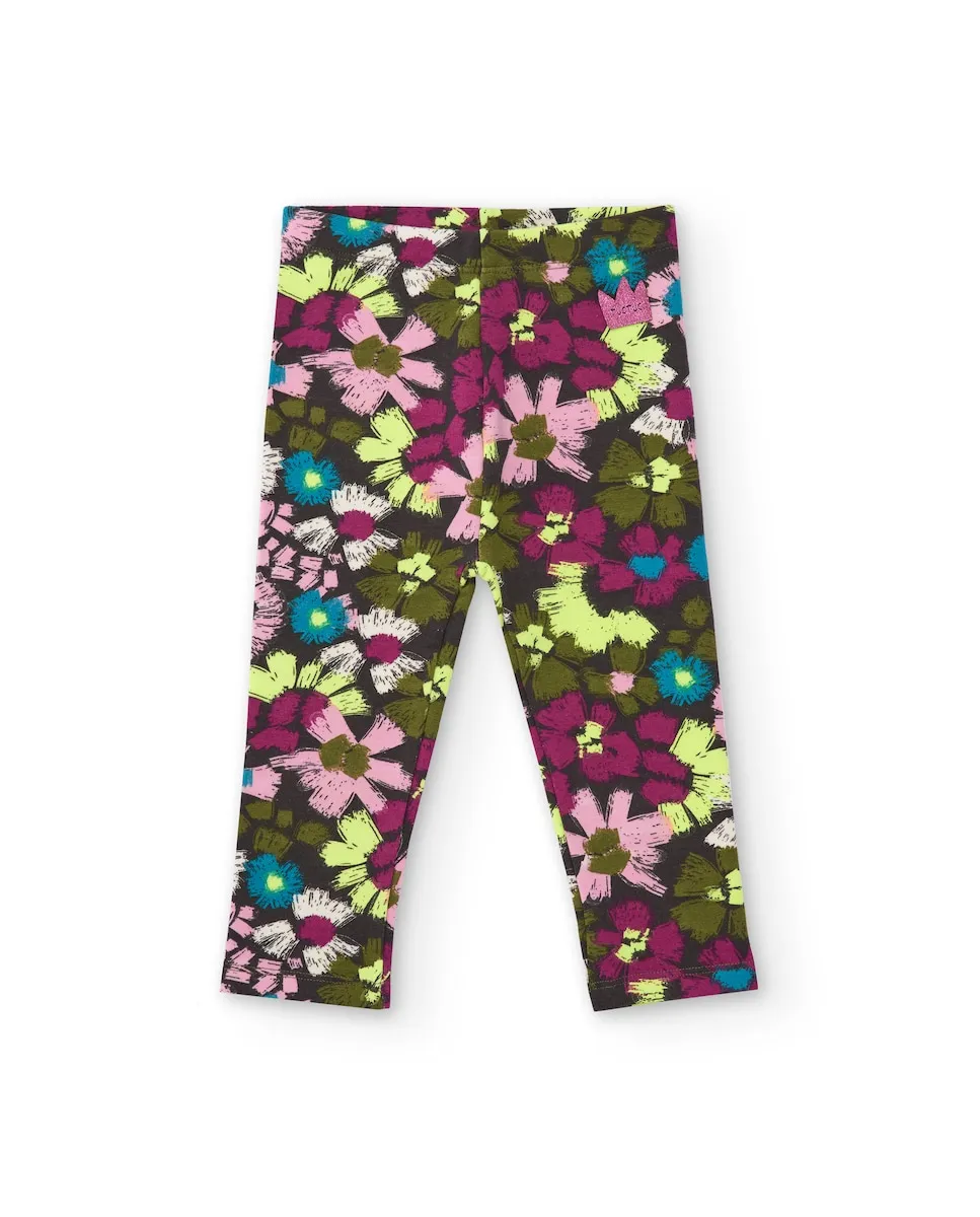 

Леггинсы для девочки коричневого цвета с многоцветным цветочным принтом Tuc tuc