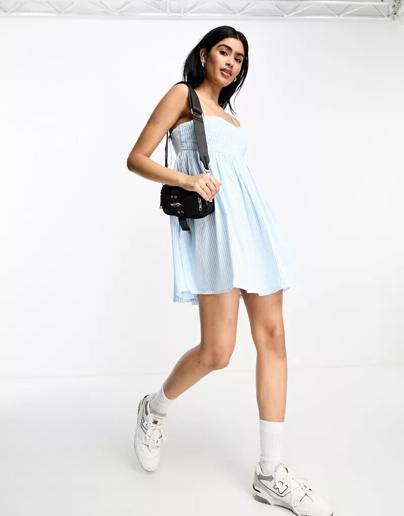 

Синий хлопковый сарафан мини в полоску со складками на груди ASOS