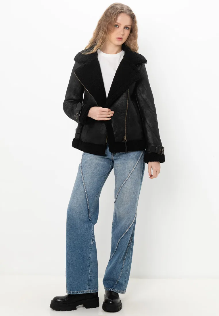 Куртка-авиатор, искусственный мех, Faux Shearling Superdry, черный — фото 4