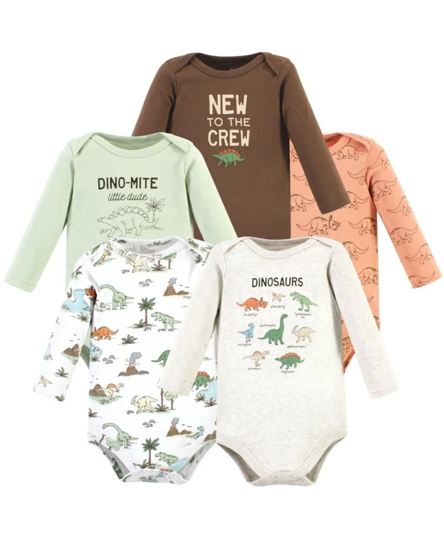 Мягкие хлопковые боди с длинными рукавами, комплект из 5 штук Hudson Baby, Dinosaur Adventures 5-Pack