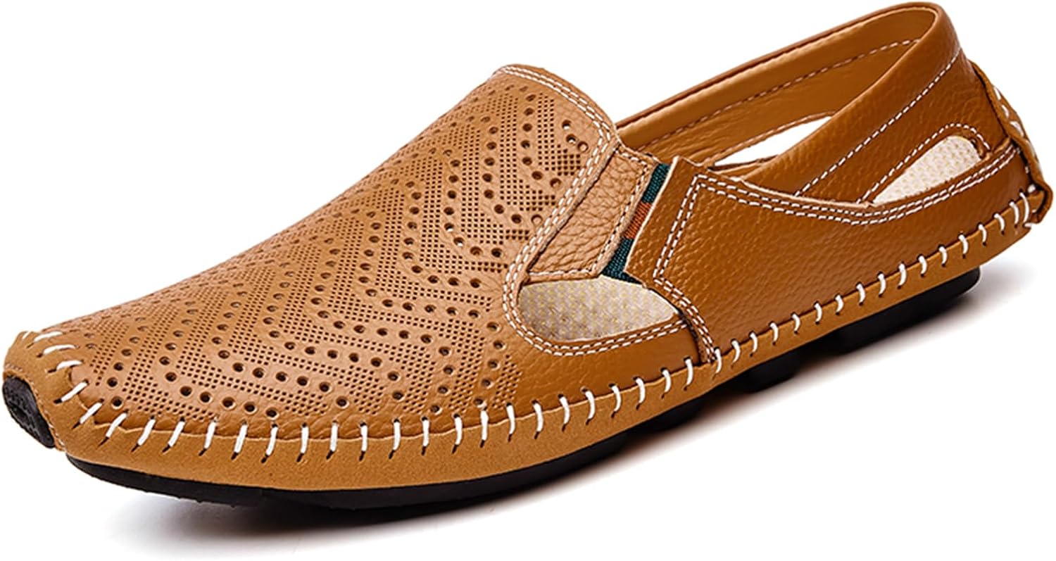 

Мужские летние дышащие обувь для вождения Abborora, кожаные модные тапочки, повседневные мокасины с удобной посадкой, коричневый