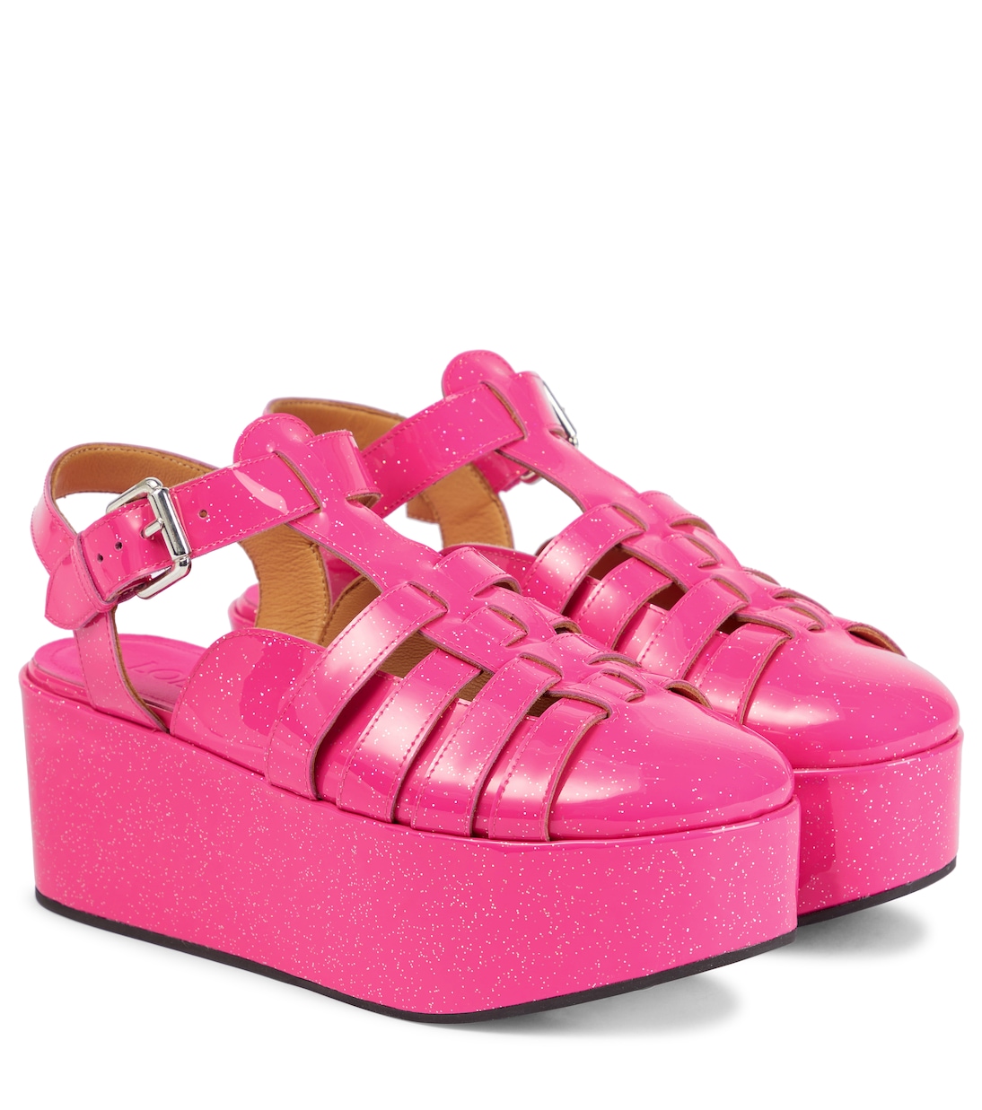 Босоножки на платформе из блестящей лакированной кожи Loewe, Neon Pink
