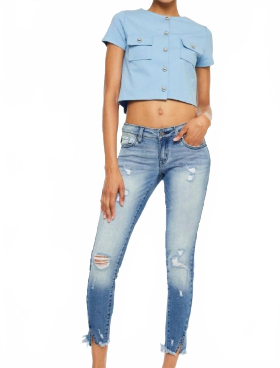 

Джинсы-скинни с низкой посадкой и потертостями, светло-синего цвета Kancan, Light Wash