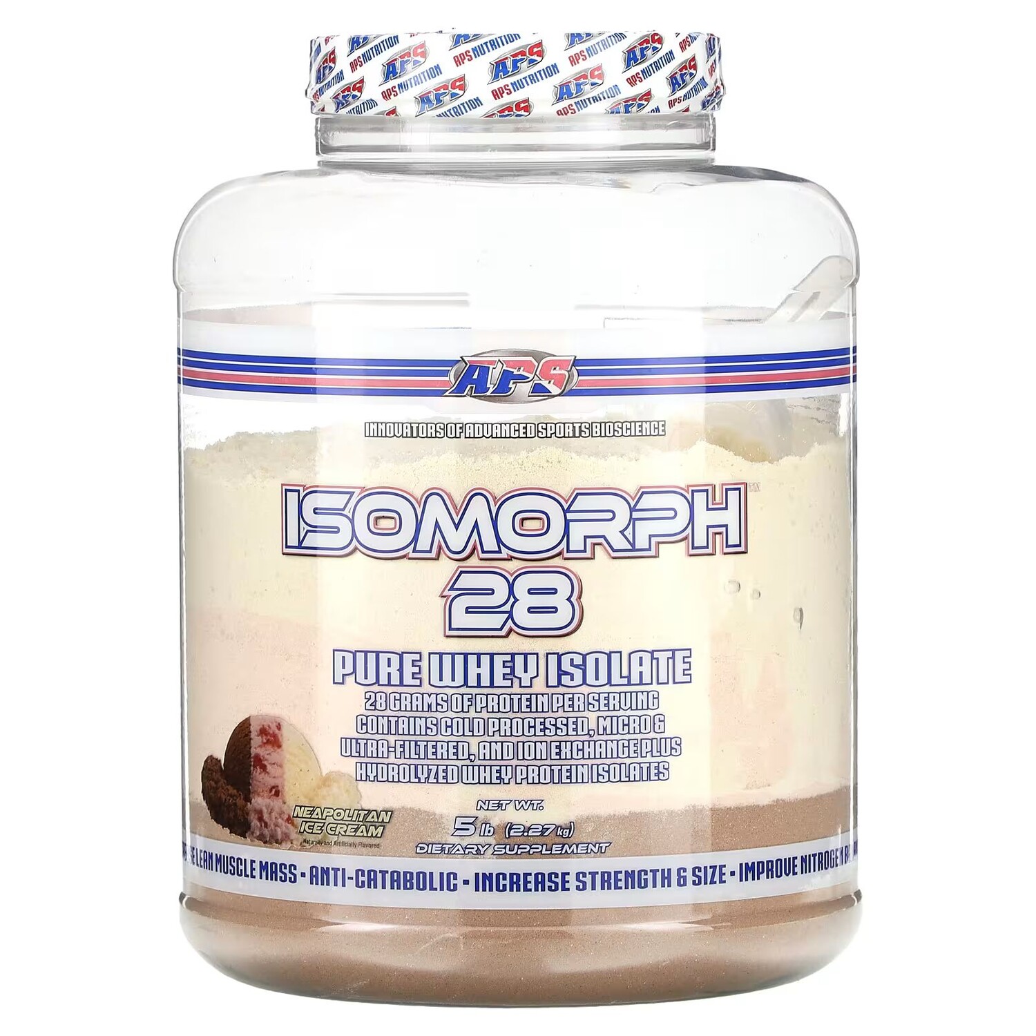 

Isomorph 28, Чистый сывороточный изолят, неаполитанское мороженое, 5 фунтов (2,27 кг) Aps