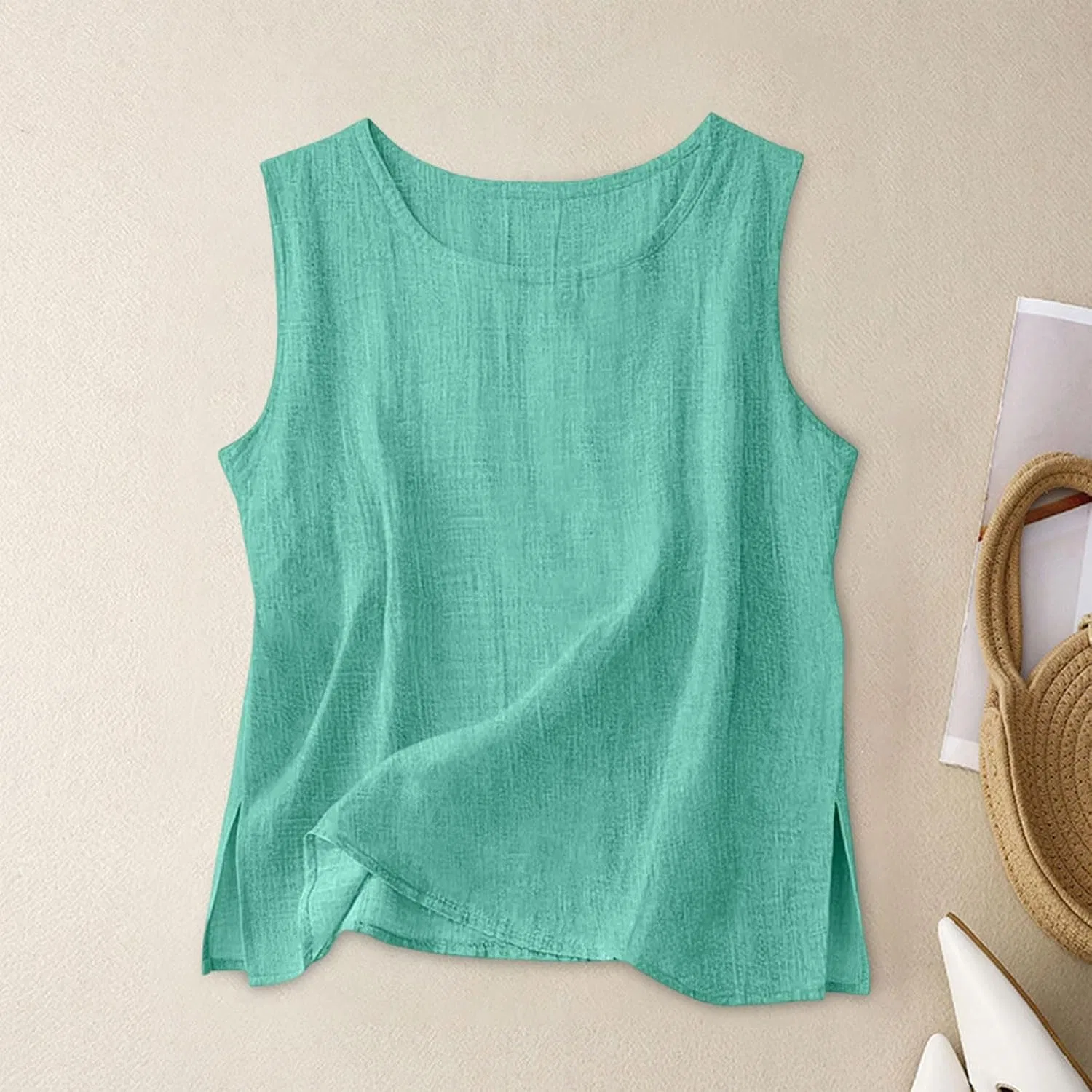 Женский топ без рукавов из хлопка и льна, Mint Green — фото 3