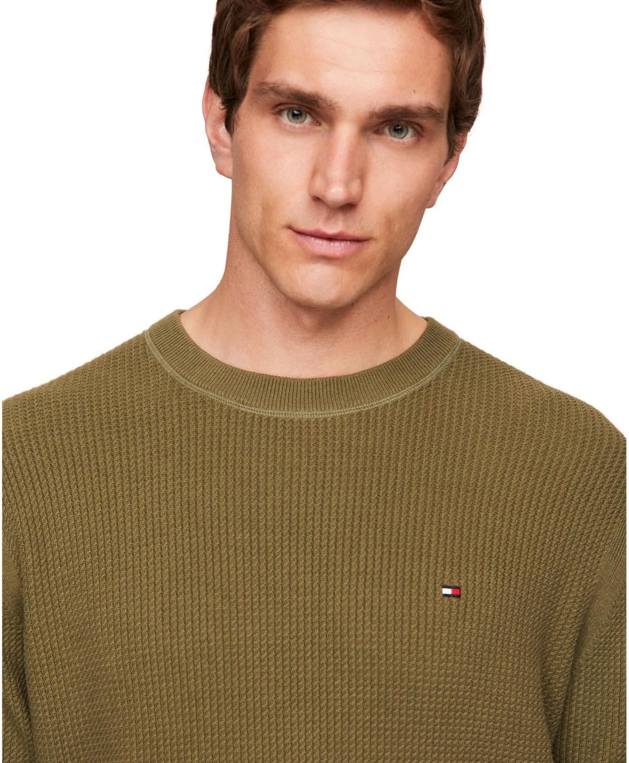 Мужской текстурированный вафельный свитер Tommy Hilfiger с круглым вырезом, легкий пуловер, доступен в размерах для больших и высоких размеров, Utility Olive — фото 2