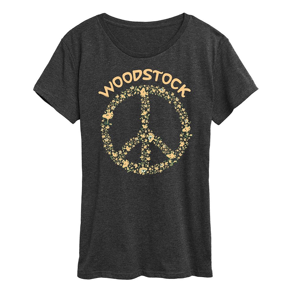 

Женская футболка с рисунком Peanuts Woodstock Peace Sign Licensed Character, цвет Heather Charcoal Gray