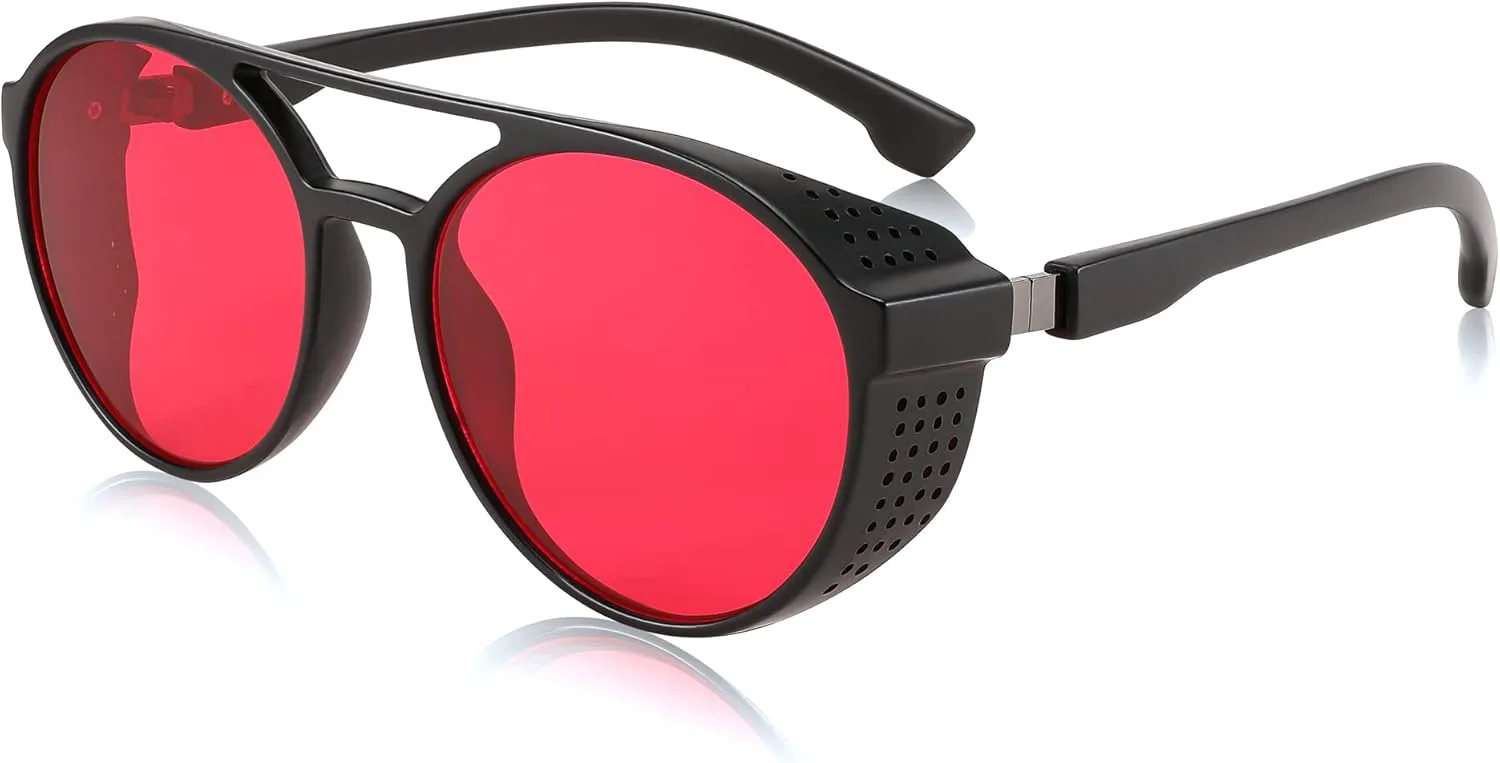 

Классические солнцезащитные очки FEISEDY в стиле стимпанк для мужчин и женщин, ретро-круглые готические очки с защитой от УФ-излучения UV400, модель B2957, Red Lens