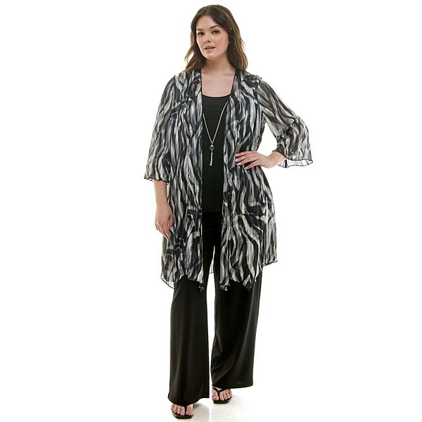 

Комплект Plus size: кимоно-кардиган, топ и брюки Luxology, Black Gray Cream